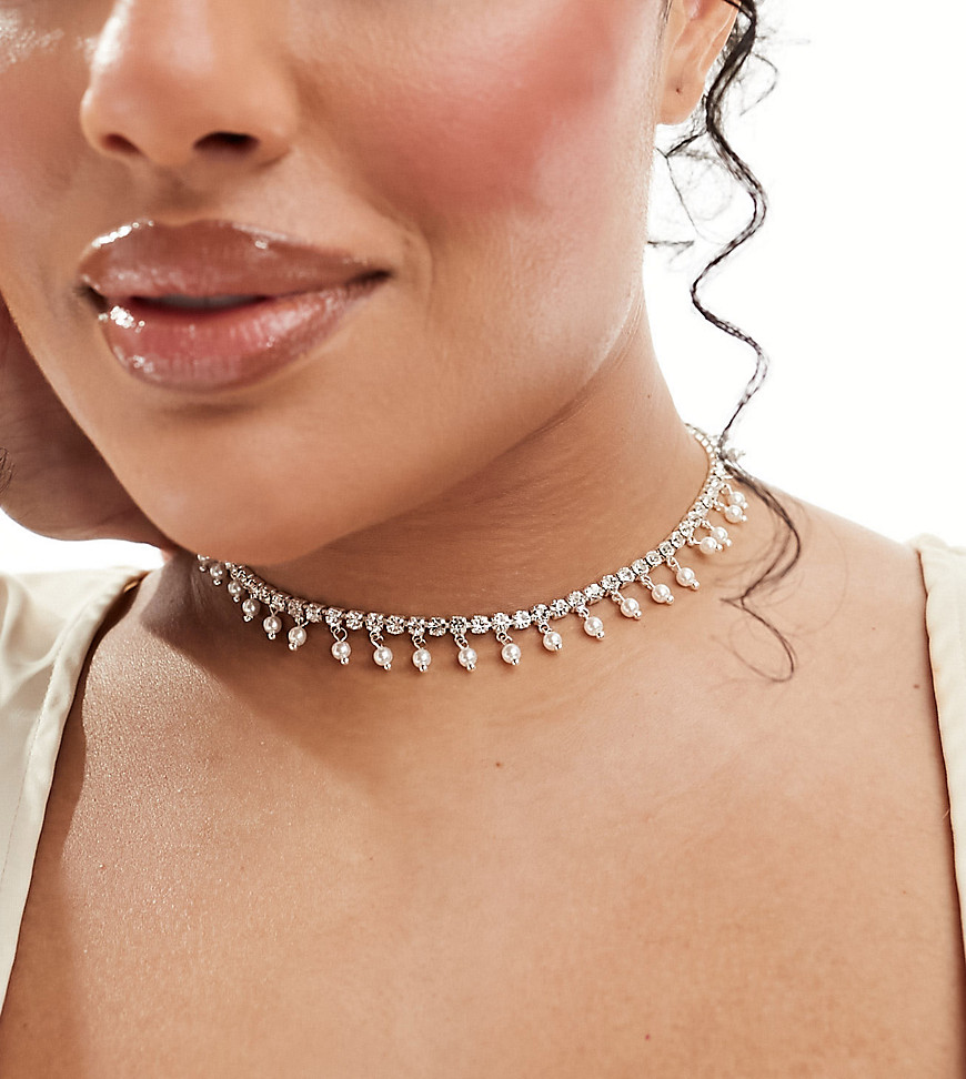 ASOS DESIGN Curve choker necklace with crystal cupchain and faux pearl design in silver tone - SILVE