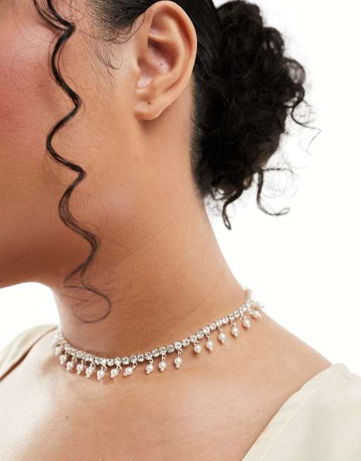 ASOS DESIGN Curve choker necklace with crystal cupchain and faux pearl  design in silver tone - SILVER