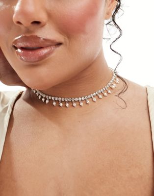 Asos Curve Asos Design Curve Choker Necklace With Crystal Cupchain And Faux Pearl Design In Silver Tone