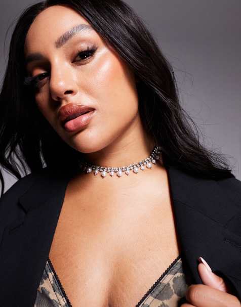 ASOS DESIGN Curve choker necklace with crystal cupchain and faux pearl design in silver tone - view 1