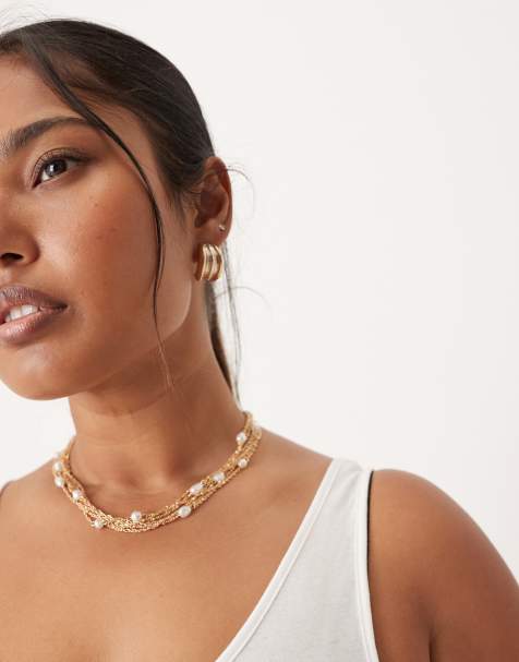 ASOS DESIGN Curve choker necklace with multi-row chains and faux pearls in gold tone - view 1