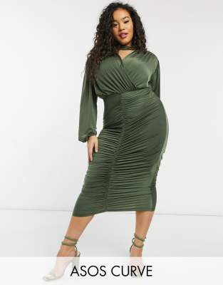 ASOS DESIGN Curve choker ruched long sleeve midi dress in dark olive-Green