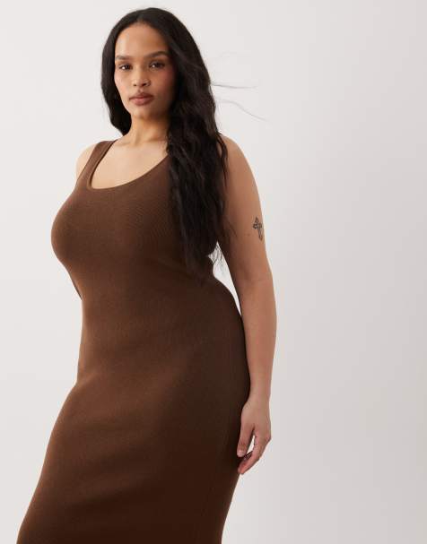 ASOS DESIGN Curve – Chokladbrun klänning i bomullsmix med djup ringning baktill - view 1