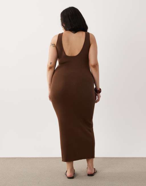 ASOS DESIGN Curve – Chokladbrun klänning i bomullsmix med djup ringning baktill, 4 av 4