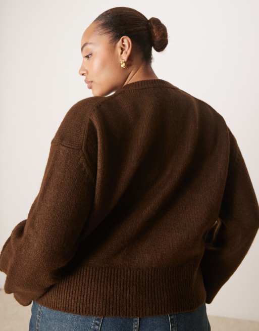 ASOS DESIGN Curve – Chokladbrun kofta med boxig passform, rund halsringning och sidoslits, 3 av 4