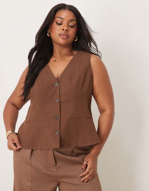 ASOS DESIGN Curve – Chokladbrun kostymväst i peplum-modell - view 1