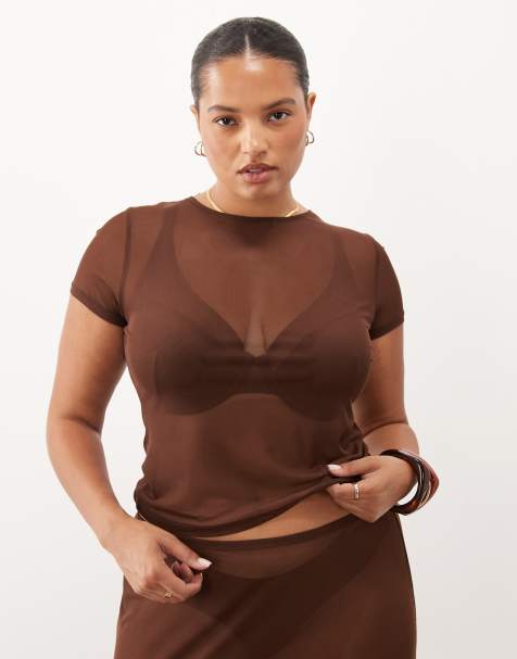 ASOS DESIGN Curve – Chokladbrun, liten t-shirt i skir mesh - view 1