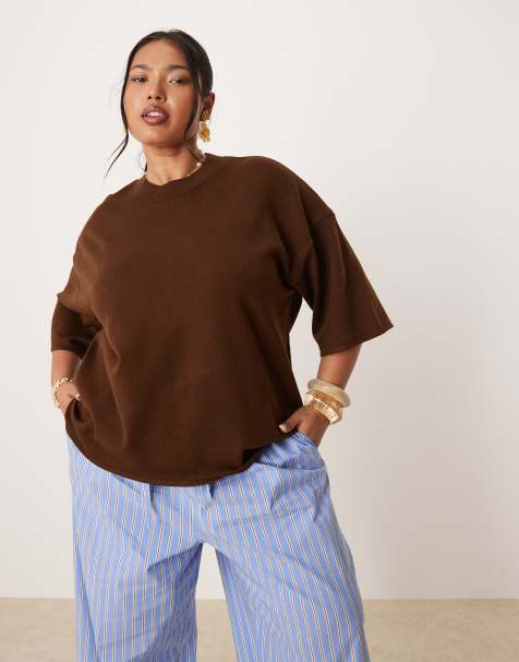 ASOS DESIGN Curve – Chokladbrun, strukturstickad t-shirt - view 1
