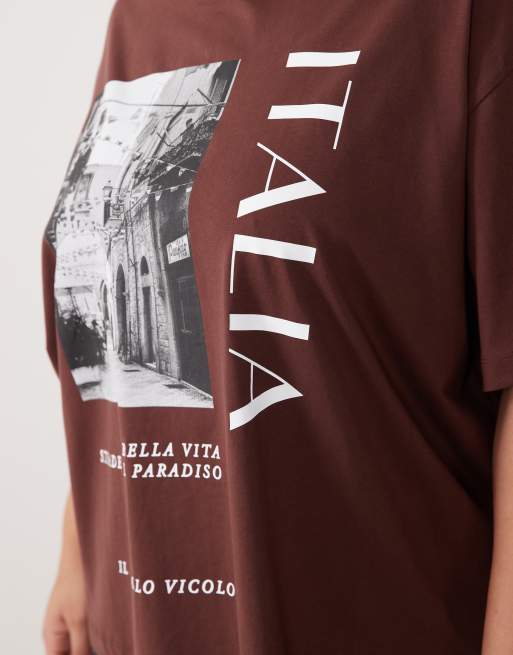 ASOS DESIGN Curve – Chokladbrun t-shirt i oversized fit med 'Italia'-tryck, 3 av 4
