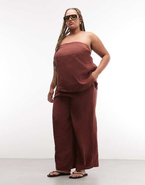 ASOS DESIGN Curve – Chokladbrunt set med bandeau-topp och vida byxor i dra på-modell med slits - view 1