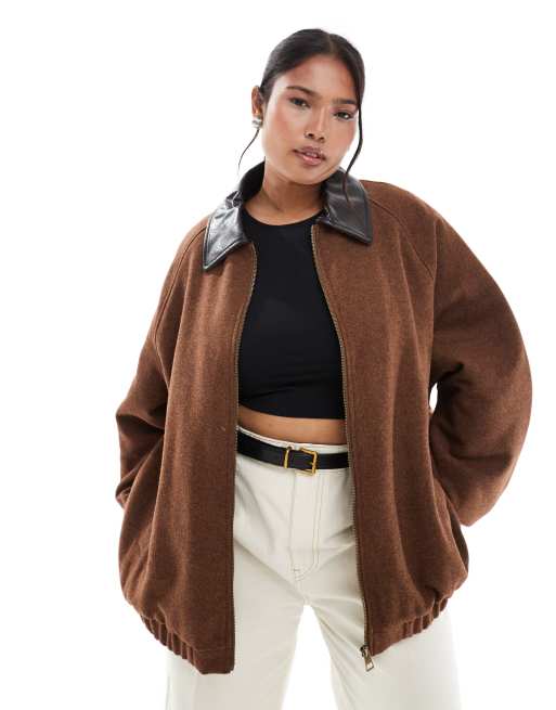 ASOS DESIGN Curve - Chokoladebrun bomber-jakke i uldblanding med krave med heritage-læderlook