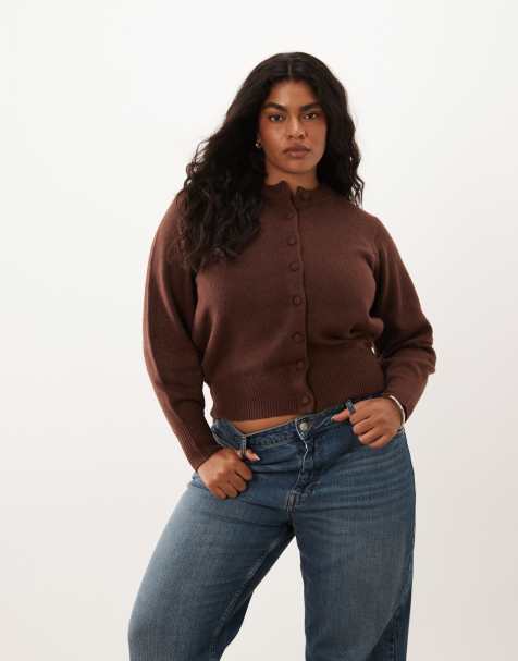 ASOS DESIGN Curve - Chokoladebrun cardigan med rund hals, tætsiddende talje og betrukne knapper i uldblanding - view 1