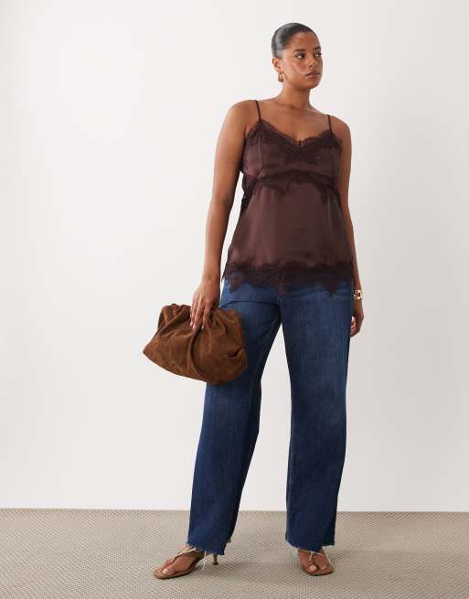 ASOS DESIGN Curve - Chokoladebrun longline cami-top i satin med blondekant, 3 af 4