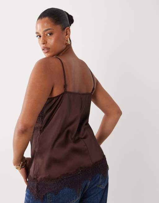 ASOS DESIGN Curve - Chokoladebrun longline cami-top i satin med blondekant, 4 af 4