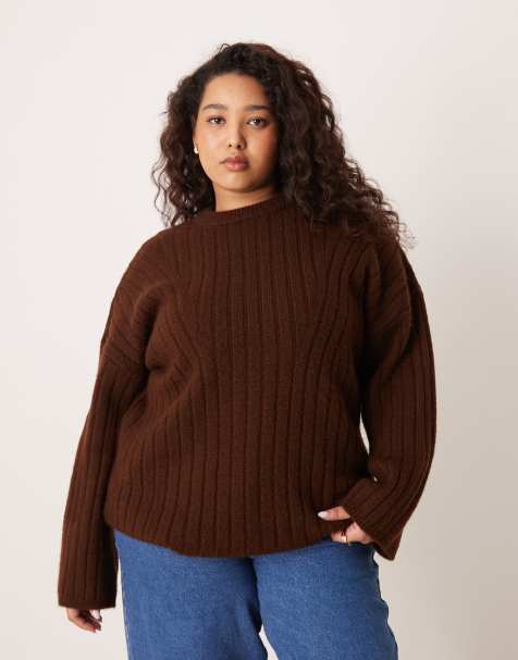 ASOS DESIGN Curve - Chokoladebrun longline-trøje med ribber og rund hals - view 1