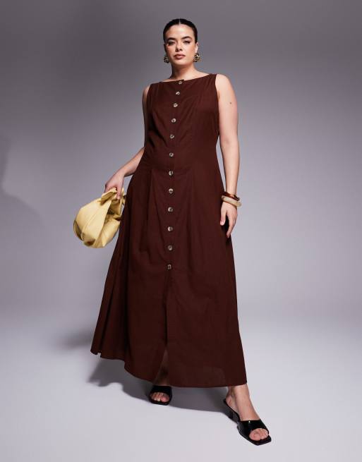 ASOS DESIGN Curve - Chokoladebrun maxikjole i vest-design med smal halsudskæring og knapper