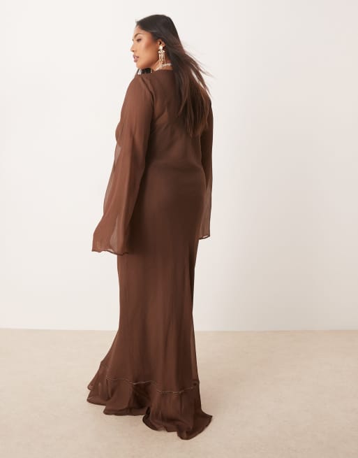 ASOS DESIGN Curve - Chokoladebrun maxikjole med lange ærmer og rynker på brystet, 2 af 4