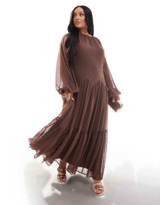 ASOS DESIGN Curve - Chokoladebrun og højhalset maxikjole i jacquard med devoré og kile samt muslingekant, 4 af 4