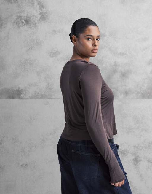 ASOS DESIGN Curve - Chokoladebrun og langærmet top i semigennemsigtigt materiale, 4 af 4