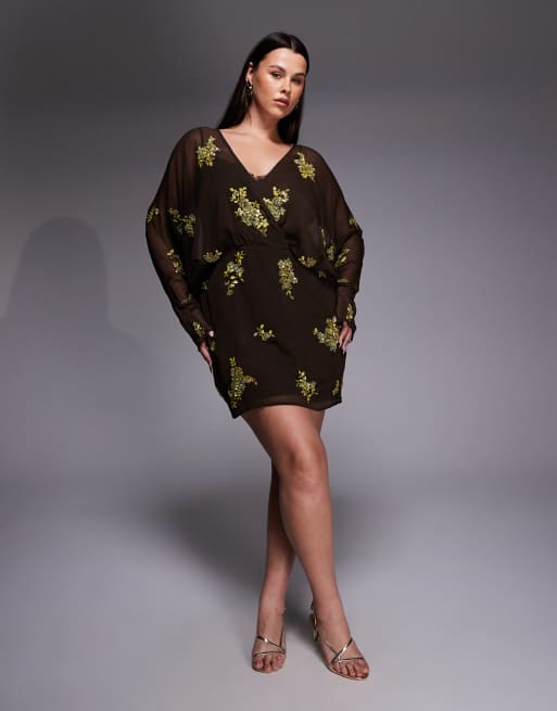 ASOS DESIGN Curve - Chokoladebrun og limegrøn løstsiddende minikjole med udsmykninger og flagermusærmer, 3 af 4