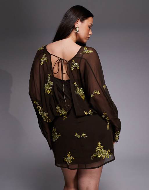 ASOS DESIGN Curve - Chokoladebrun og limegrøn løstsiddende minikjole med udsmykninger og flagermusærmer, 4 af 4