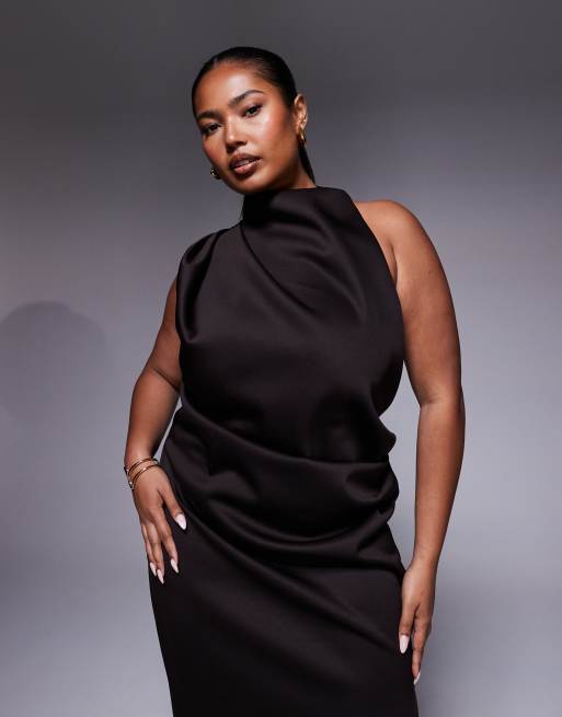 ASOS DESIGN Curve - Chokoladebrun oneshoulder-midikjole i scuba-lignende stof, 2 af 4
