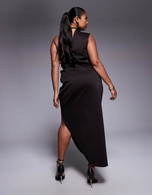 ASOS DESIGN Curve - Chokoladebrun oneshoulder-midikjole i scuba-lignende stof, 3 af 4