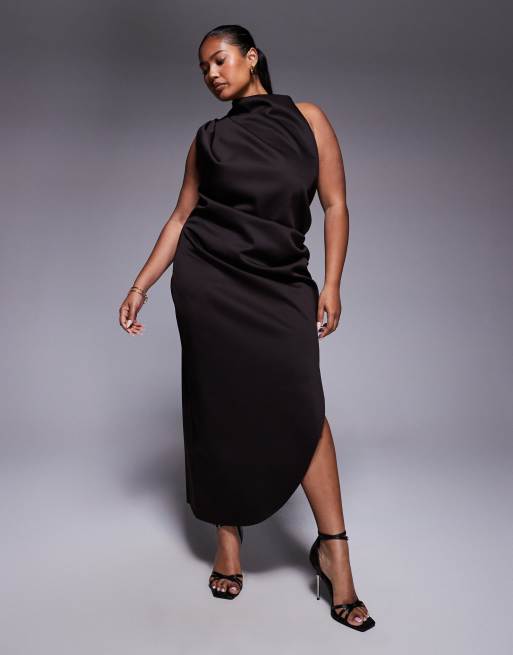 ASOS DESIGN Curve - Chokoladebrun oneshoulder-midikjole i scubastof