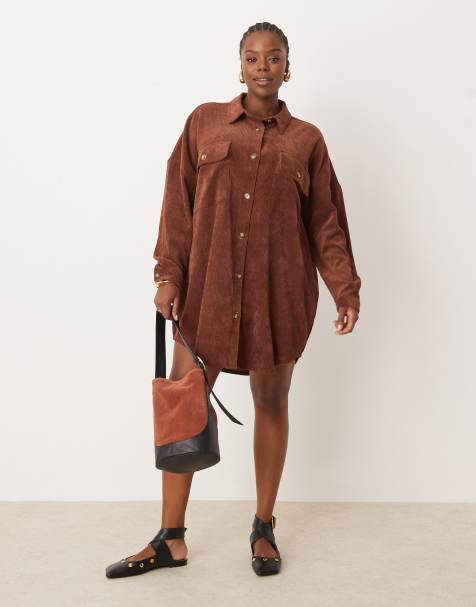 ASOS DESIGN Curve - Chokoladebrun oversized skjortekjole med sænkede lommer i fløjl - view 1