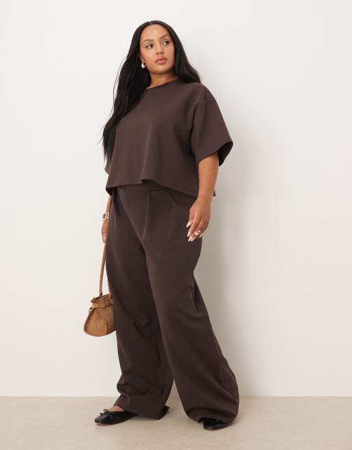 ASOS DESIGN Curve - Chokoladebrune bukser med brede ben i interlock-stof - Del af sæt