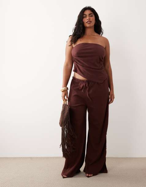 ASOS DESIGN Curve - Chokoladebrunt sæt i bomuldskrølstof - view 1