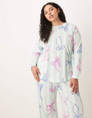 ASOS DESIGN Curve Christmas bow long sleeve top & trouser pyjama set in blue stripe | ASOS