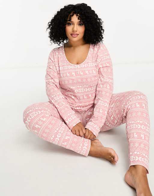 ASOS DESIGN Curve Christmas fair isle glam long sleeve top & leggings pyjama set in pink