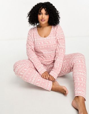 ASOS DESIGN Curve Christmas fairisle glam  long sleeve top & legging pyjama set in pink