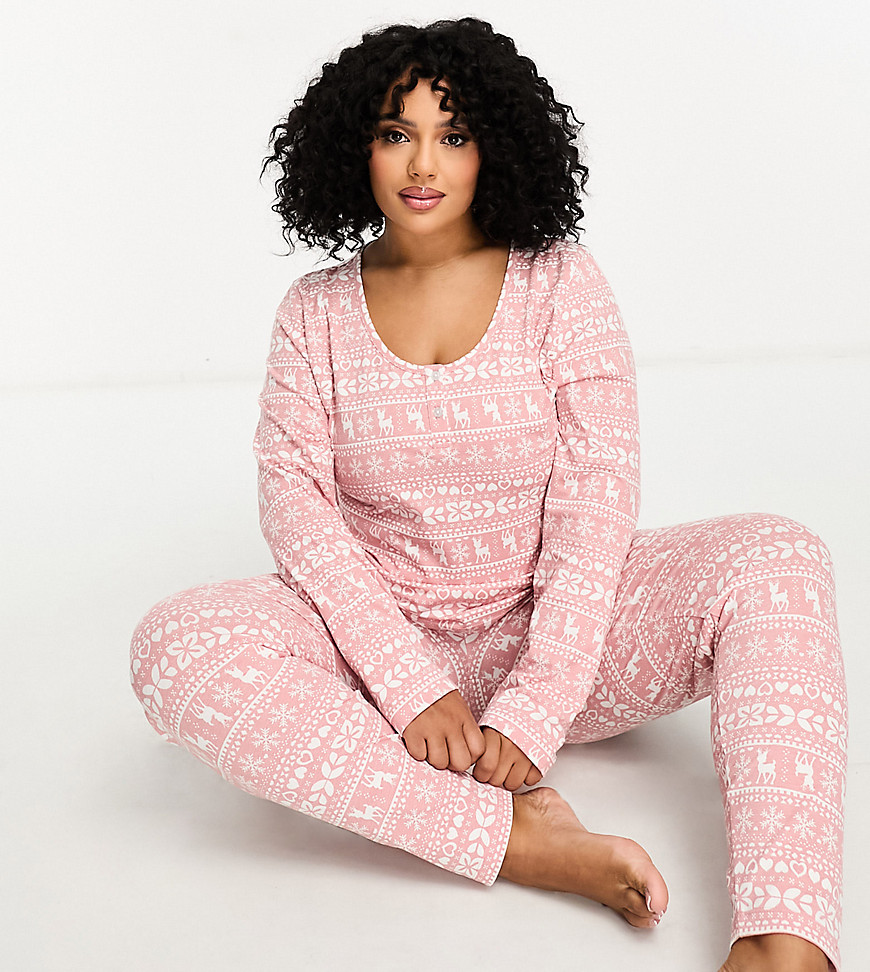 ASOS DESIGN Curve Christmas fairisle glam long sleeve top & legging pyjama set in pink