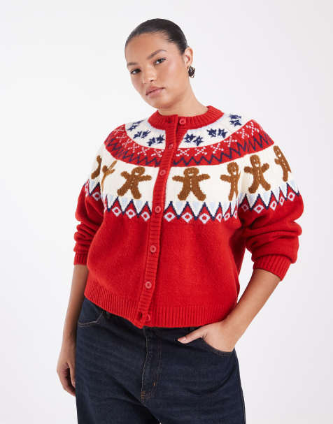 ASOS DESIGN Curve christmas gingerbread cardigan in red - view 1