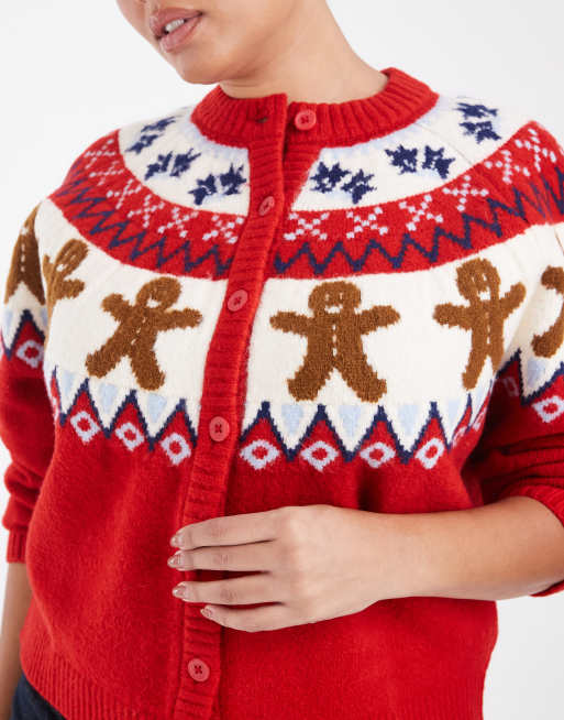 ASOS DESIGN Curve christmas gingerbread cardigan in red, 3 of 4