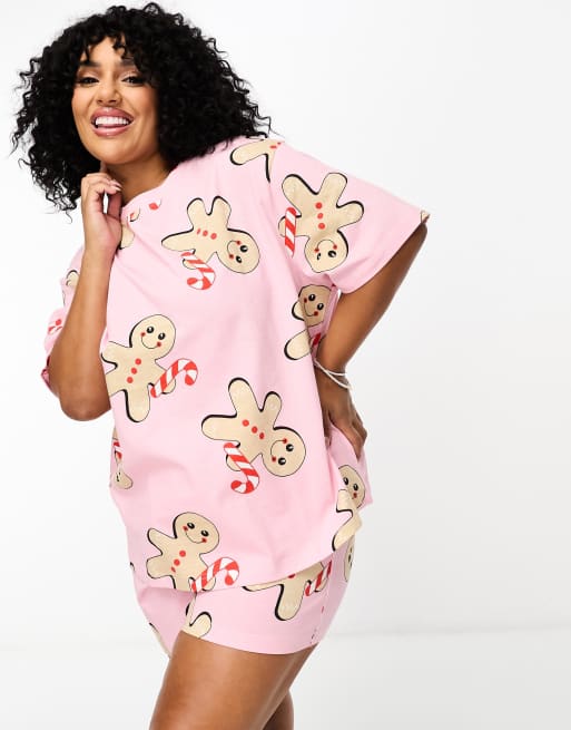 ASOS DESIGN Curve Christmas gingerbread oversized tee & shorts pyjama set in pink