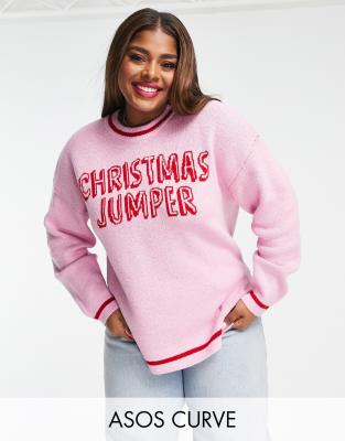 Asos Curve Asos Design Curve 'christmas Jumper' Slogan Sweater In Pink