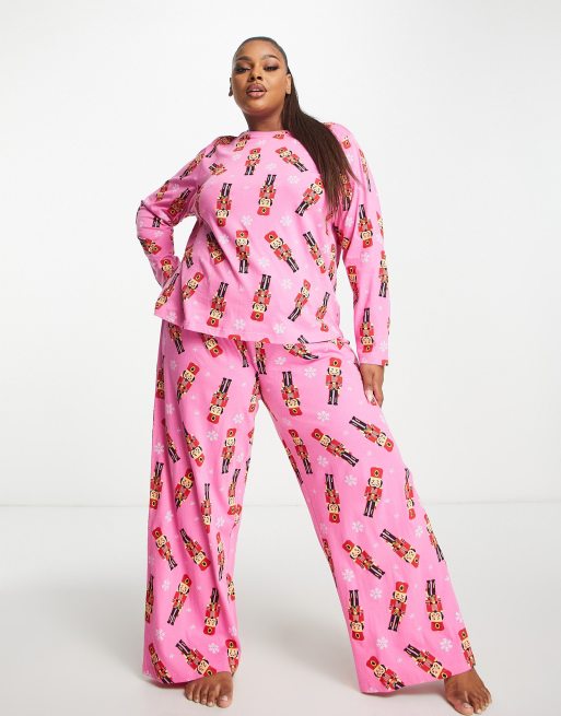 ASOS DESIGN Curve Christmas nutcracker long sleeve top & pants pyjama set in pink, 4 of 4