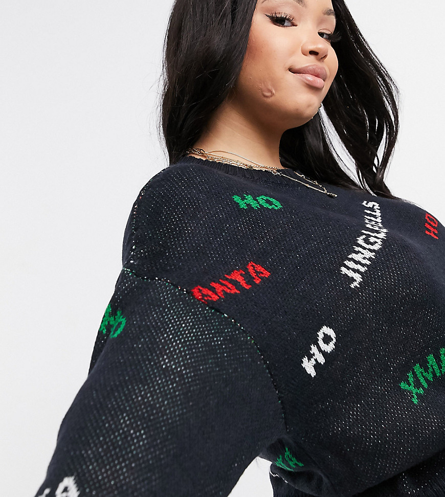 ASOS DESIGN Curve Christmas oversized sweater with multi slogan in black
