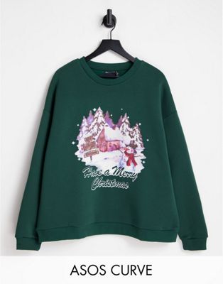 ASOS DESIGN Curve Christmas oversized sweatshirt jumper with retro scenic print in forest green