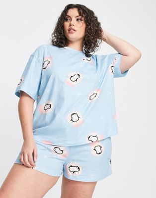 ASOS DESIGN Curve Christmas penguin oversized tee & short pyjama set in blue
