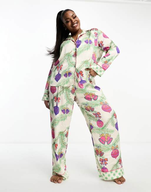ASOS DESIGN Curve Christmas satin botanical bauble shirt & trouser pyjama set in cream