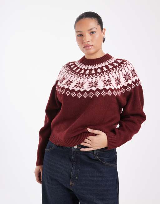 ASOS DESIGN Curve christmas snowflake crew neck jumper in burgundy, 2 of 4