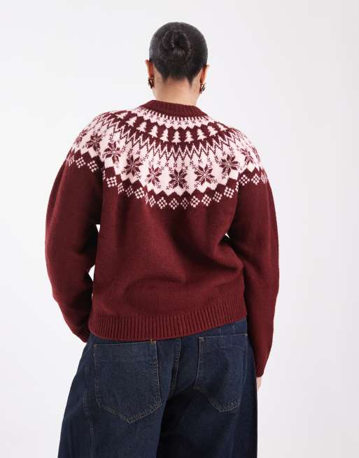 ASOS DESIGN Curve christmas snowflake crew neck jumper in burgundy, 3 of 4
