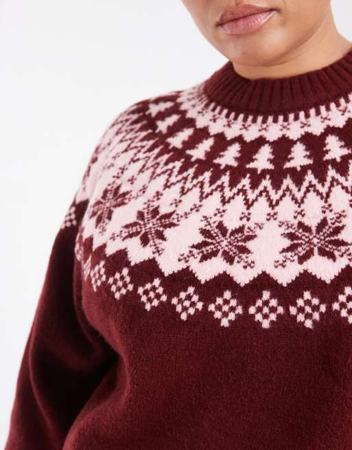ASOS DESIGN Curve christmas snowflake crew neck jumper in burgundy, 4 of 4