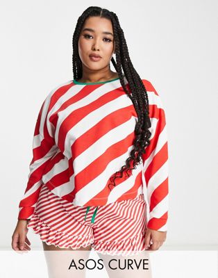 ASOS DESIGN Curve Christmas stripe slouchy sweat & short pyjama set in red & white