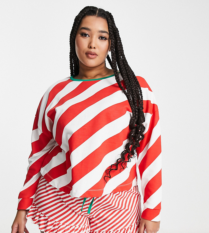 ASOS DESIGN Curve Christmas stripe slouchy sweat & short pyjama set in red & white-Multi