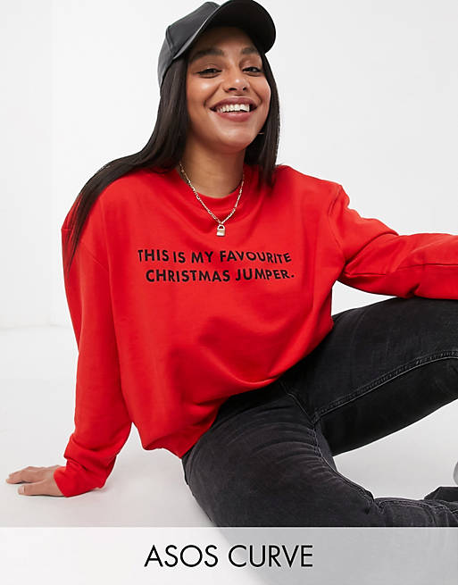 ASOS DESIGN Curve Christmas sweatshirt with 'favourite jumper' print in red